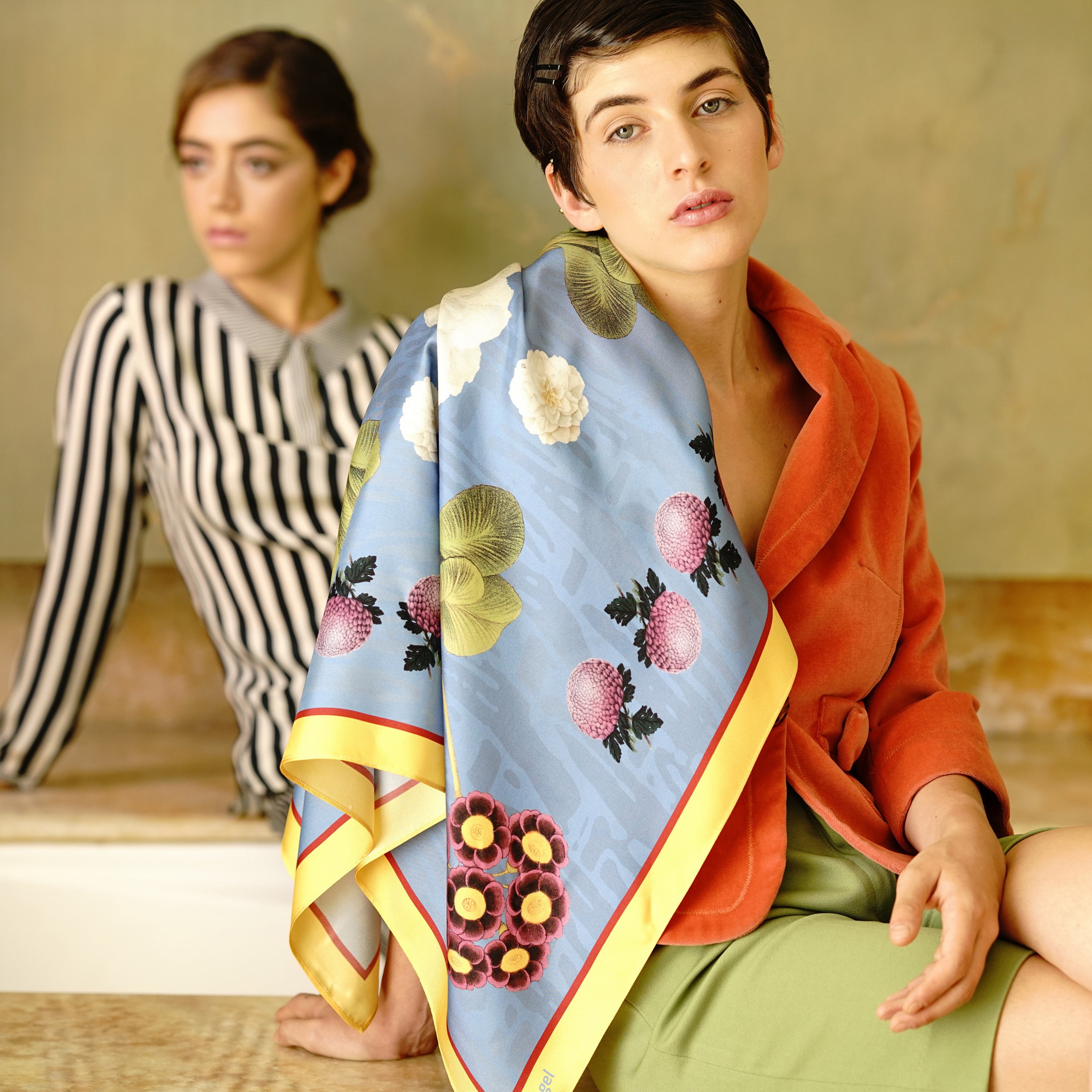 The Blue Camellia Designer Silk Scarf by Tal Angel