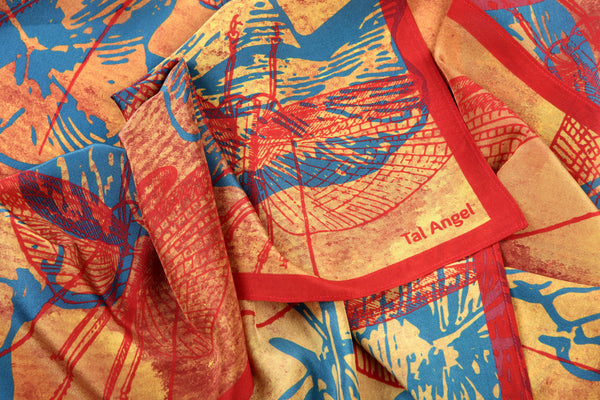 The-Bright-Yellow-Dragonfly-Scarf-silk-carre-square-red-blue-90x90-closeup-view