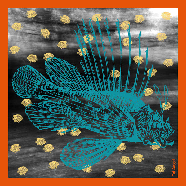 The-Great-Blue-Fish-Handkerchief-silk-square-orange-yellow-black-white-45x45-full-view
