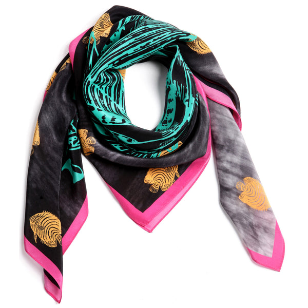 The Great Green Fish Scarf silk carré square pink yellow black white 90x90 packshot closeup