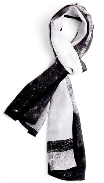 The Panoramic Scarf #1 silk rectangular black white 45x180 packshot closeup