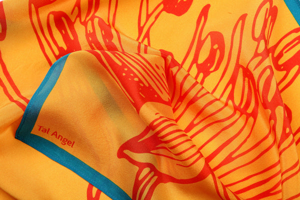 The-Yellow-Flower-Handkerchief-silk-square-orange-blue-45x45-closeup-view