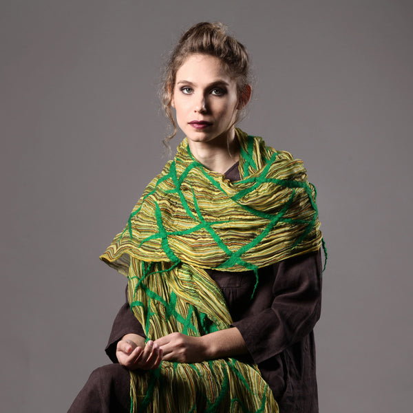 The-Yellow-Green-Nuno-Felted-Shawl-silk-marino-wool-scarf-2016-model-packshot